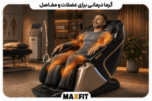 مردی در صندلی ماساژ مکس فیت با نمایش گرمای موضعی در عضلات کمر، شانه و مفاصل