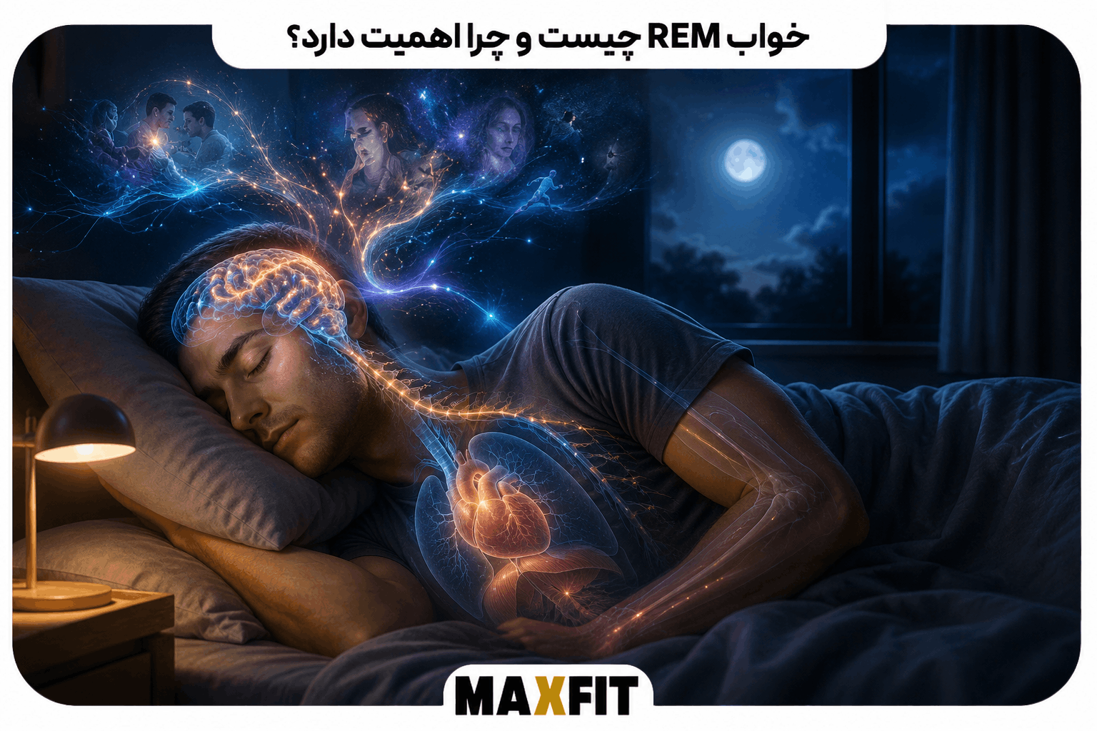 فردی در حال خواب REM با نمایش فعالیت مغز، رؤیا، سیستم عصبی، قلب و تنفس