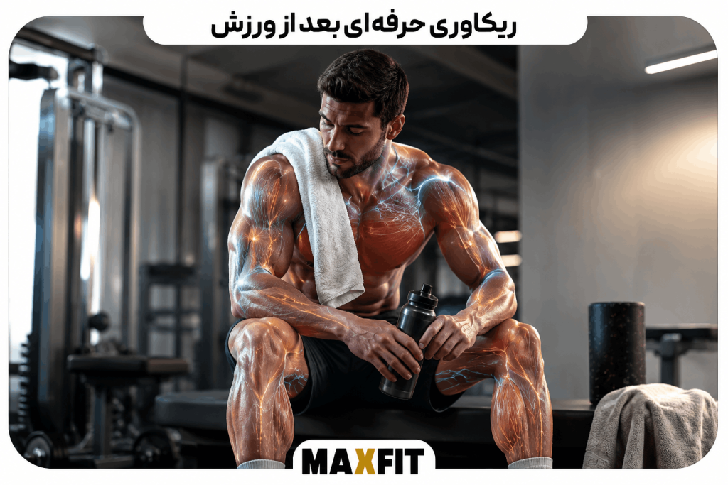 ورزشکار بدنساز در حال استراحت و ریکاوری عضلات بعد از تمرین شدید