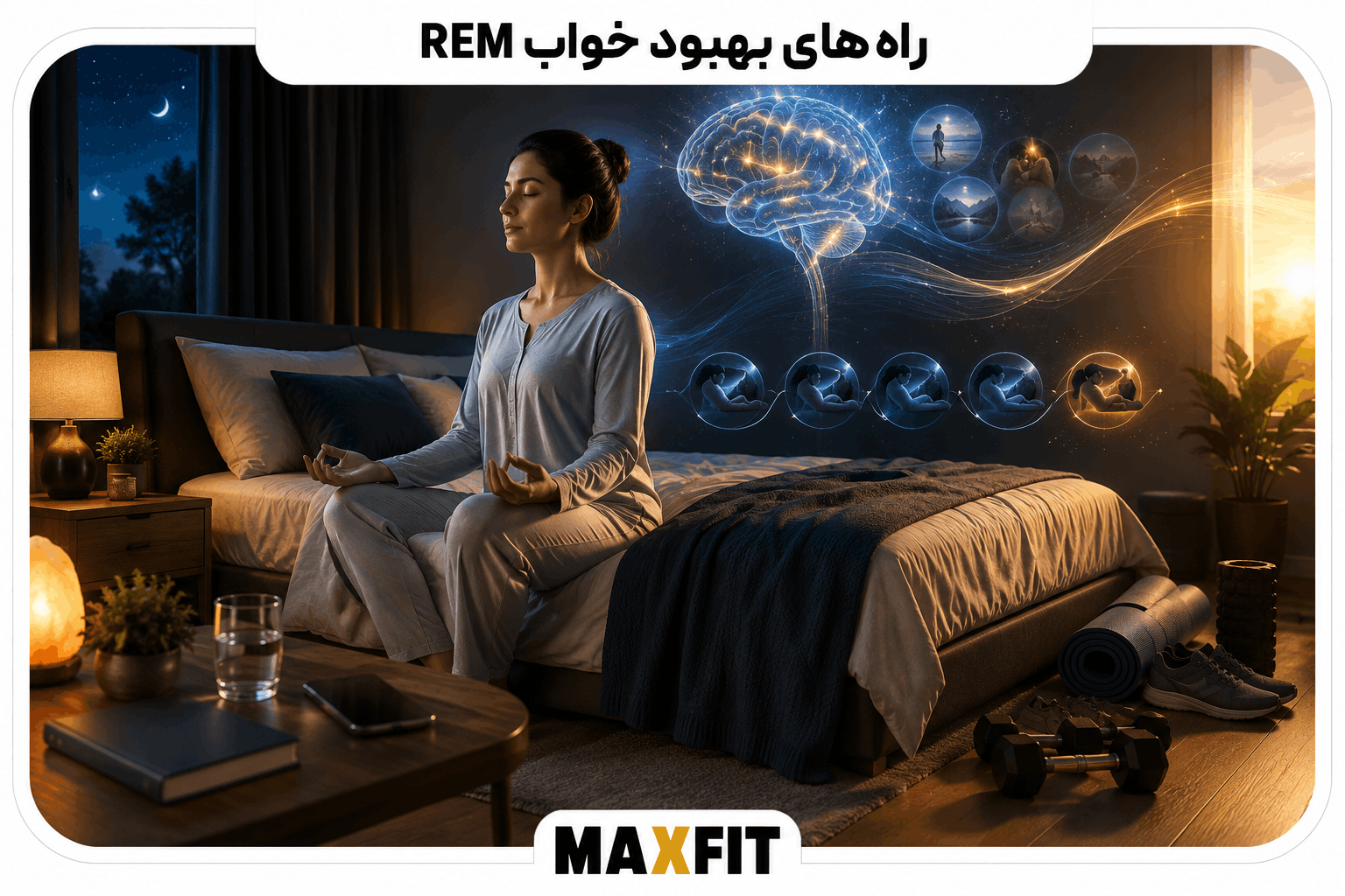 فردی در حال آرام‌سازی پیش از خواب در اتاقی مناسب برای بهبود کیفیت خواب REM