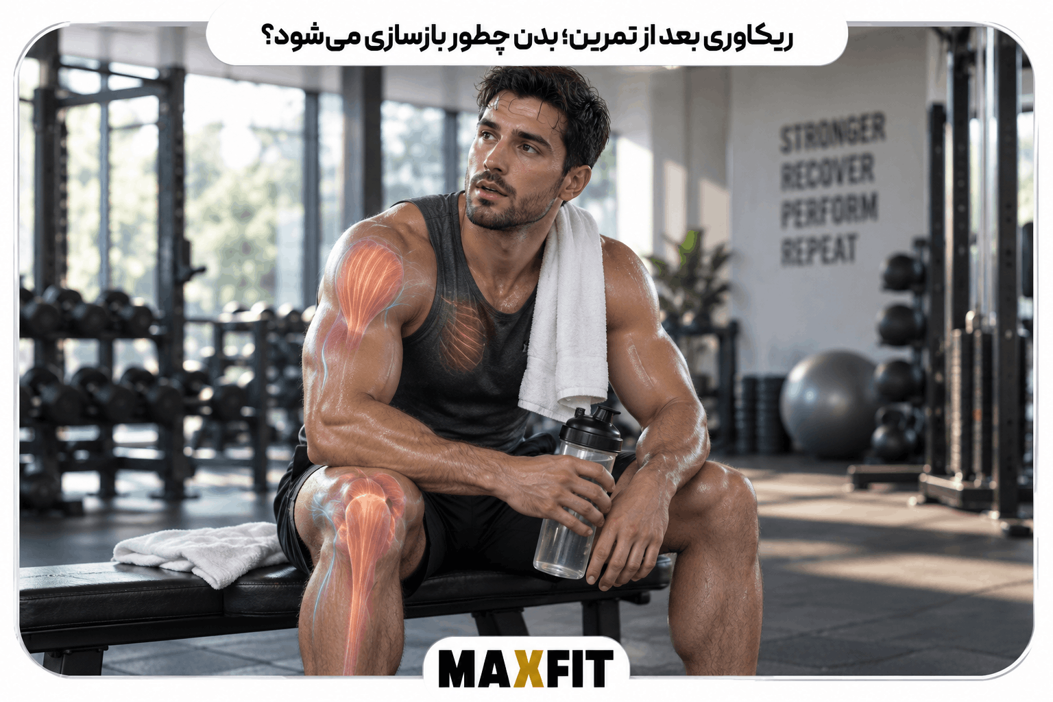 ورزشکار در حال ریکاوری بعد از تمرین و بازسازی عضلات بدن